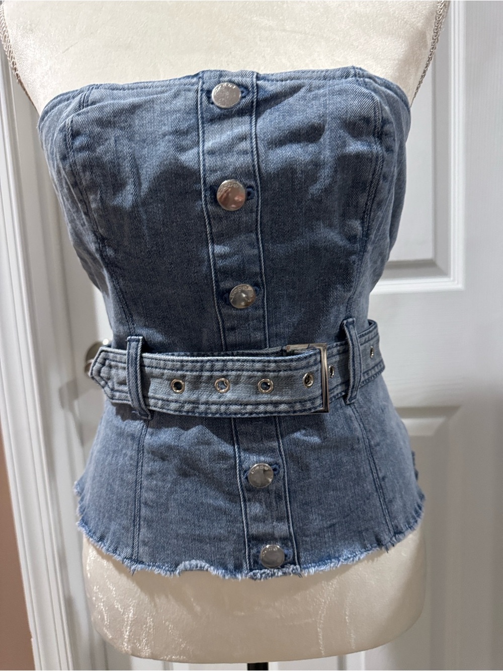 Bebe Strapless Button-Front Denim Corset Top with Belt